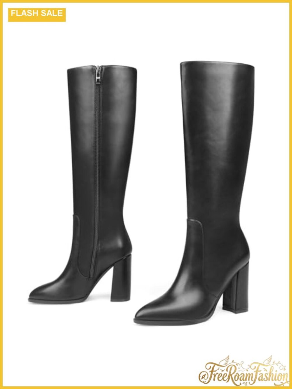 Women's Knee High Boots Chunky Block Heel Pointed Toe Side Zip